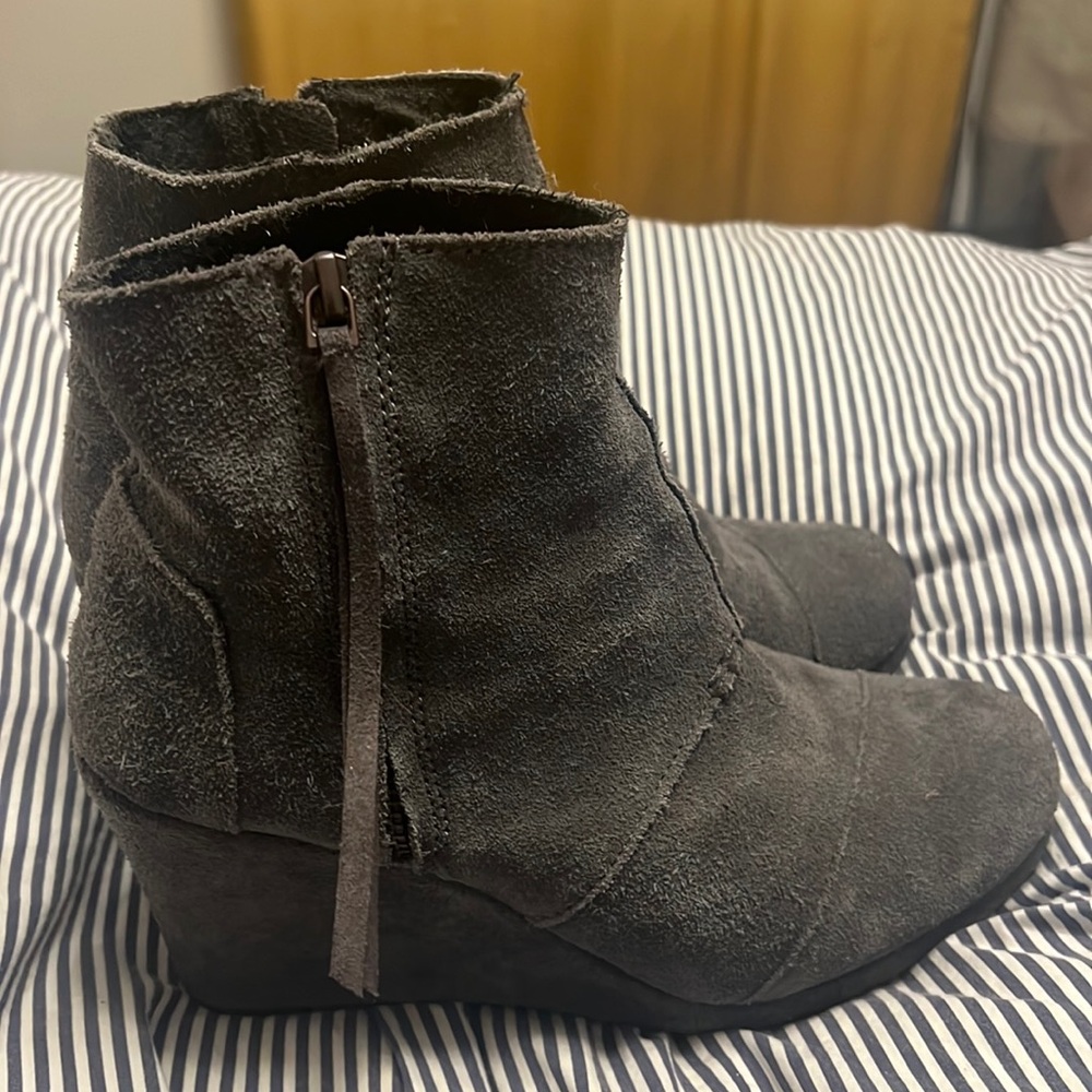 TOMS gray suede wedge bootie